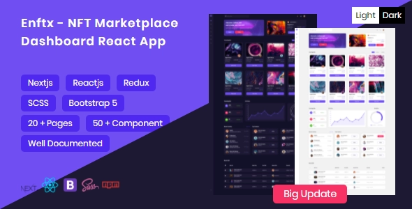 Enftx - NFT Admin Dashboard React ، تطبيق Nextjs + Dark & ​​Light